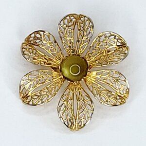 Vintage Filigree Floral Flower Brooch Green Moonglow Cabochon 1 5/8"